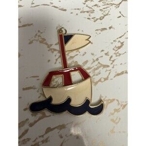 Vintage PLO Gold Tone Sail Boat Pendant Enamel Red White Nautical Ship